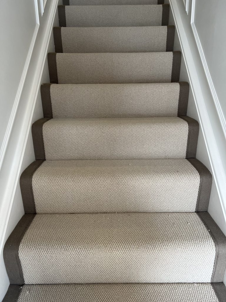 Side to side taped stair runner from LKLFLOORING.com fitted buy our proffessional flooring fitter, runner made instore.